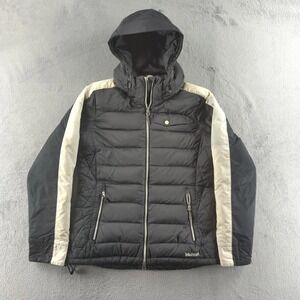 Marmot Jacket Womens Medium Black 650 Fill Down Puffer Hooded Striped Sleeve Zip